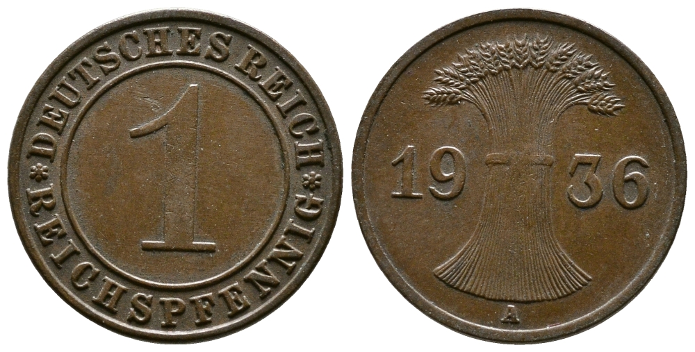 Германия 1 рейхспфенниг 1936 A KM 37, J. 313 бронза 220-161