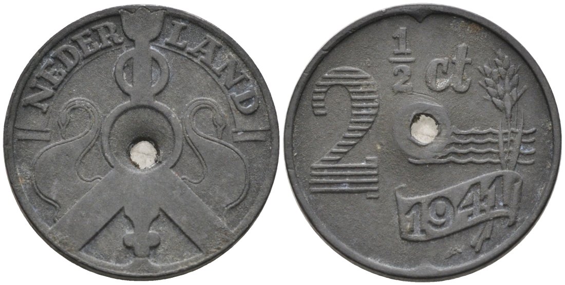 Нидерланды 2 1/2 цента 1941 Вильгельмина (1890-1948), с отверстием KM 171 цинк 4573-712