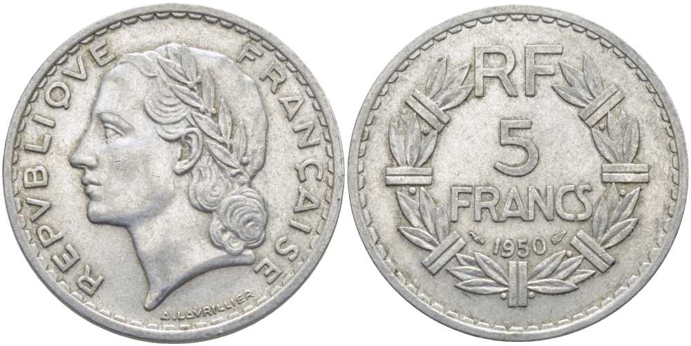 ФРАНЦИЯ 5 ФРАНКОВ 1950 KM 888b.1, LE FRANC 339.20 алюминий 111-1131
