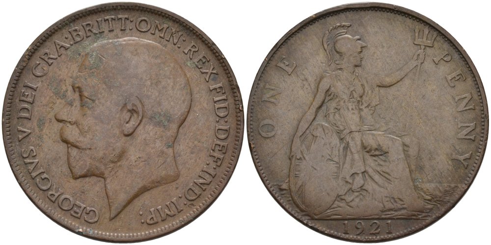 Великобритания 1 пенни 1921 Георг V (1910-1936) KM 810, Spink 4051 бронза 4394-715