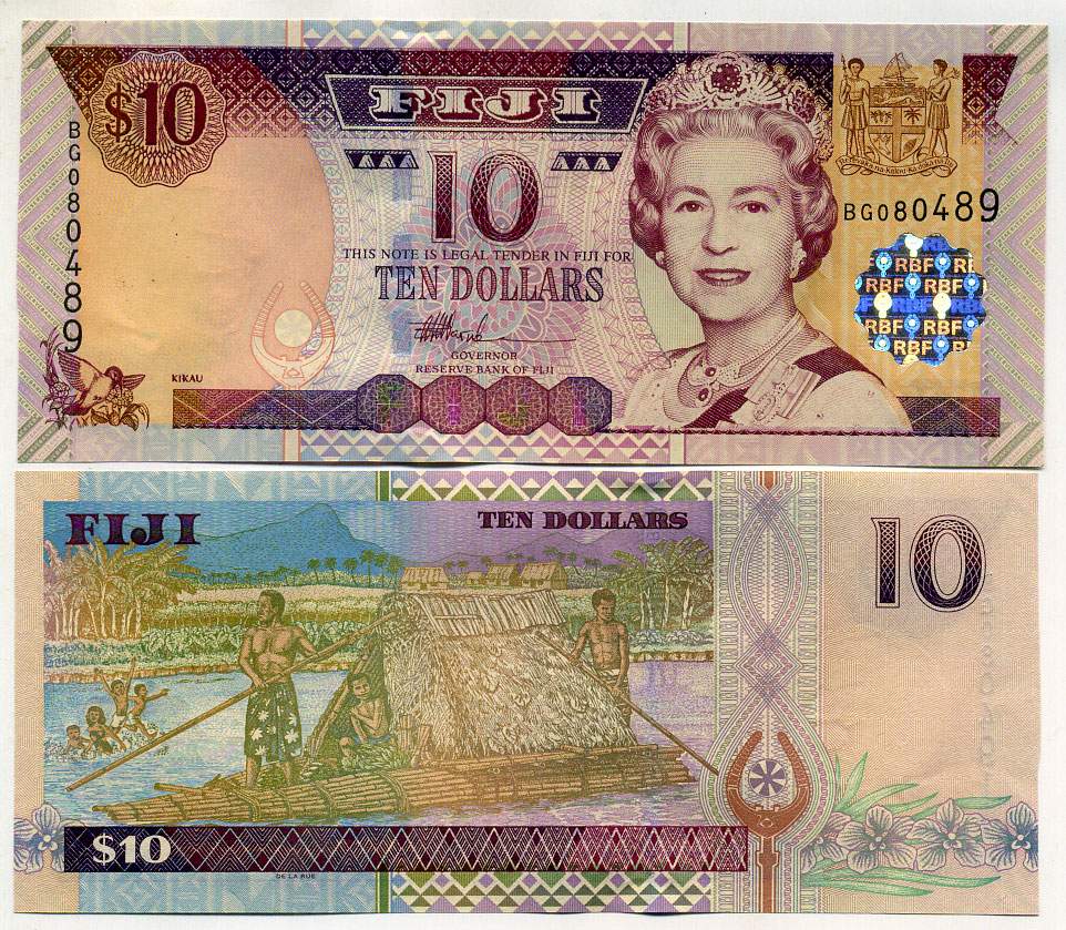 Фиджи 10 долларов ND (2002) Елизавета II (1952-2022), лодка с соломенным навесом Pick 106 а бумага UNC (пресс) 449-20-3