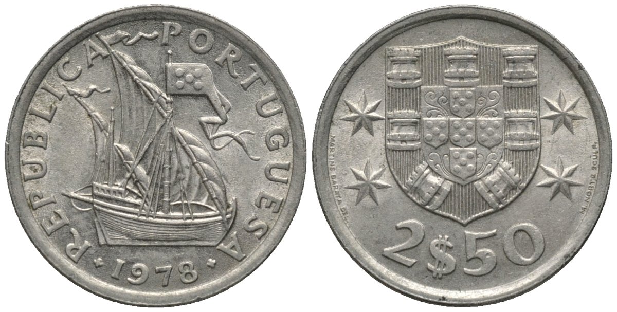 Португалия 2,5 эскудо 1978 парусник KM 590 медно-никель 26-1013