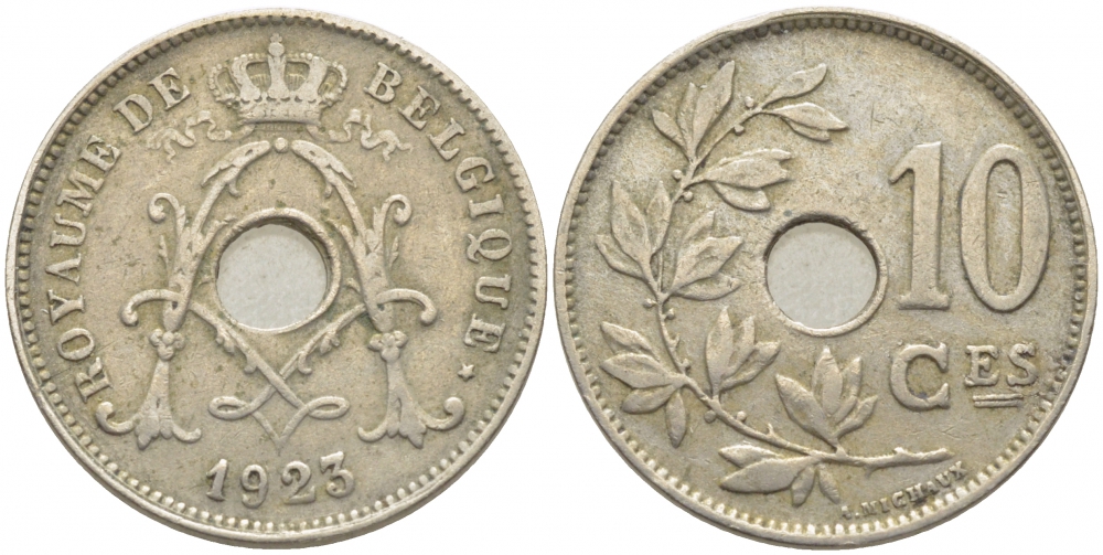 БЕЛЬГИЯ 10 САНТИМОВ 1923 BELGIQUE KM 85.1 медно-никель 3856-441
