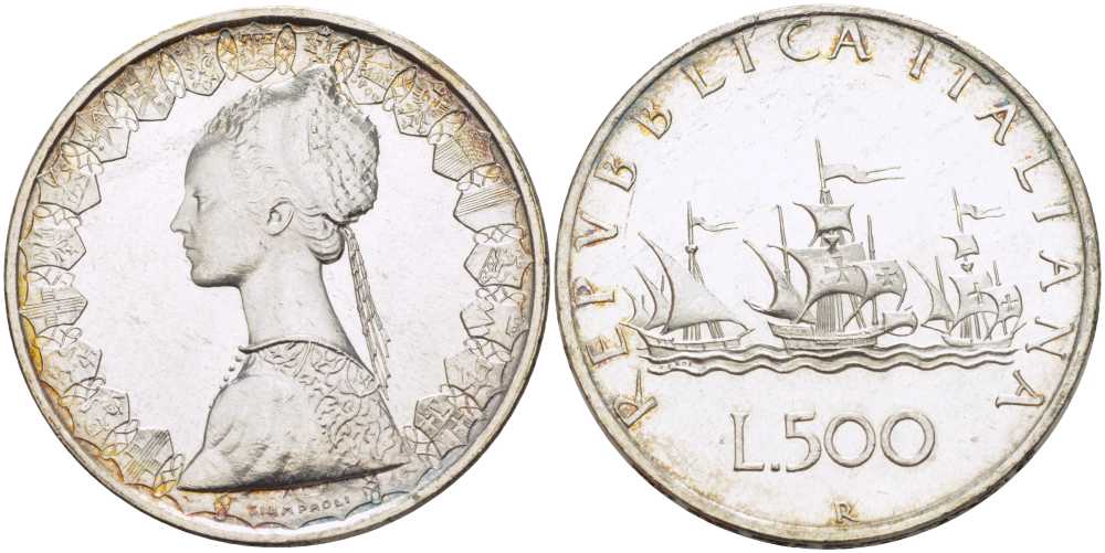 Италия 500 лир 1959 R, корабли Колумба KM 98 серебро 82-636