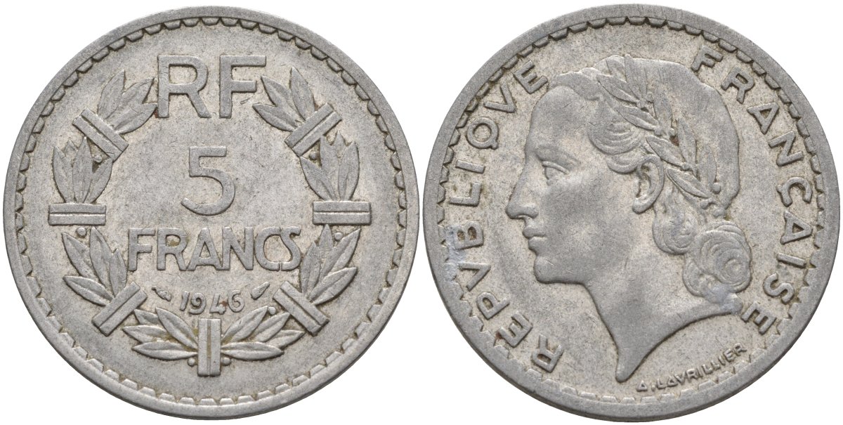 Франция 5 франков 1946 KM 888b.1, Le Franc 339.3 алюминий 4144-431