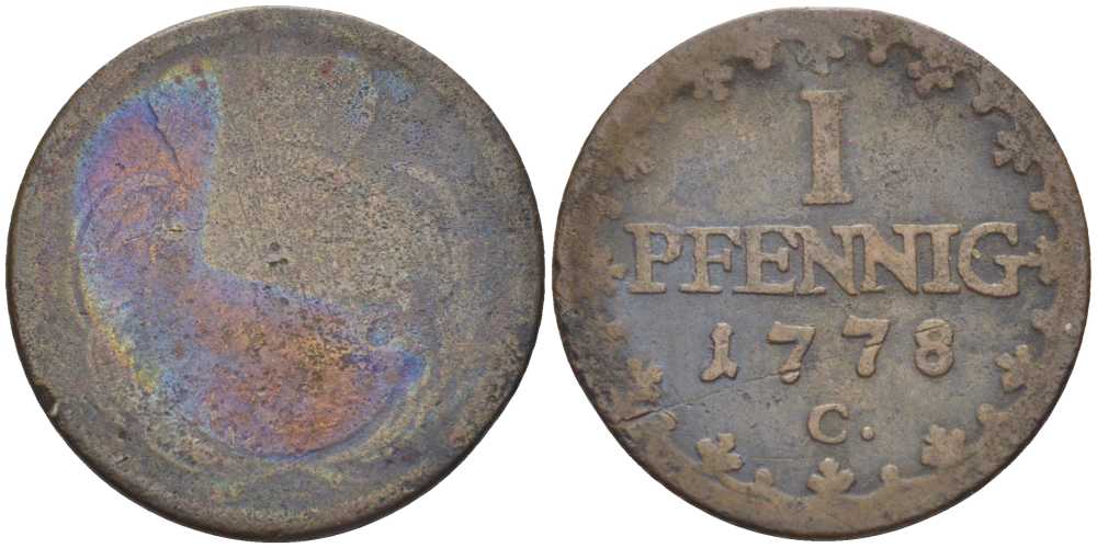 САКСОНИЯ 1 ПФЕННИГ 1778 С, ФРИДРИХ АВГУСТ III (1763-1806) KM 1000 (С91) медь 206-352