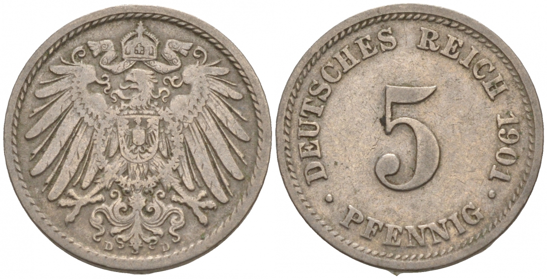 ГЕРМАНИЯ 5 ПФЕННИГОВ 1901 D, KM 11, J. 12 медно-никель 73-1516