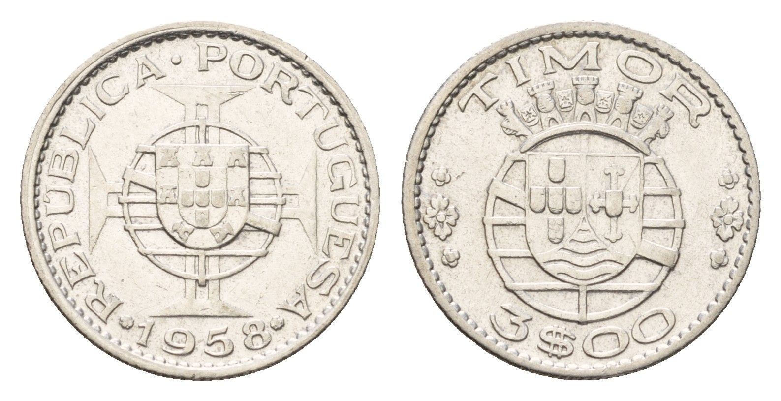 Португальский Тимор 3 эскудо 1958 год-тип KM 14 серебро 4669-761