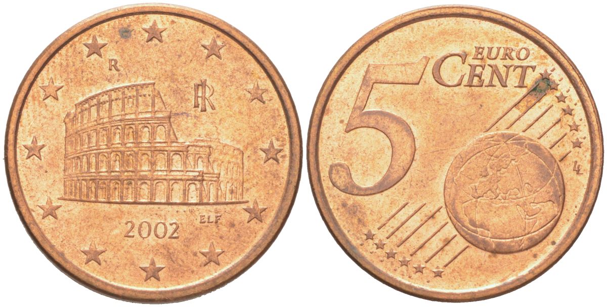 Италия 5 евроцентов 2002 KM 212 сталь плакированная медью UNC 4614-733
