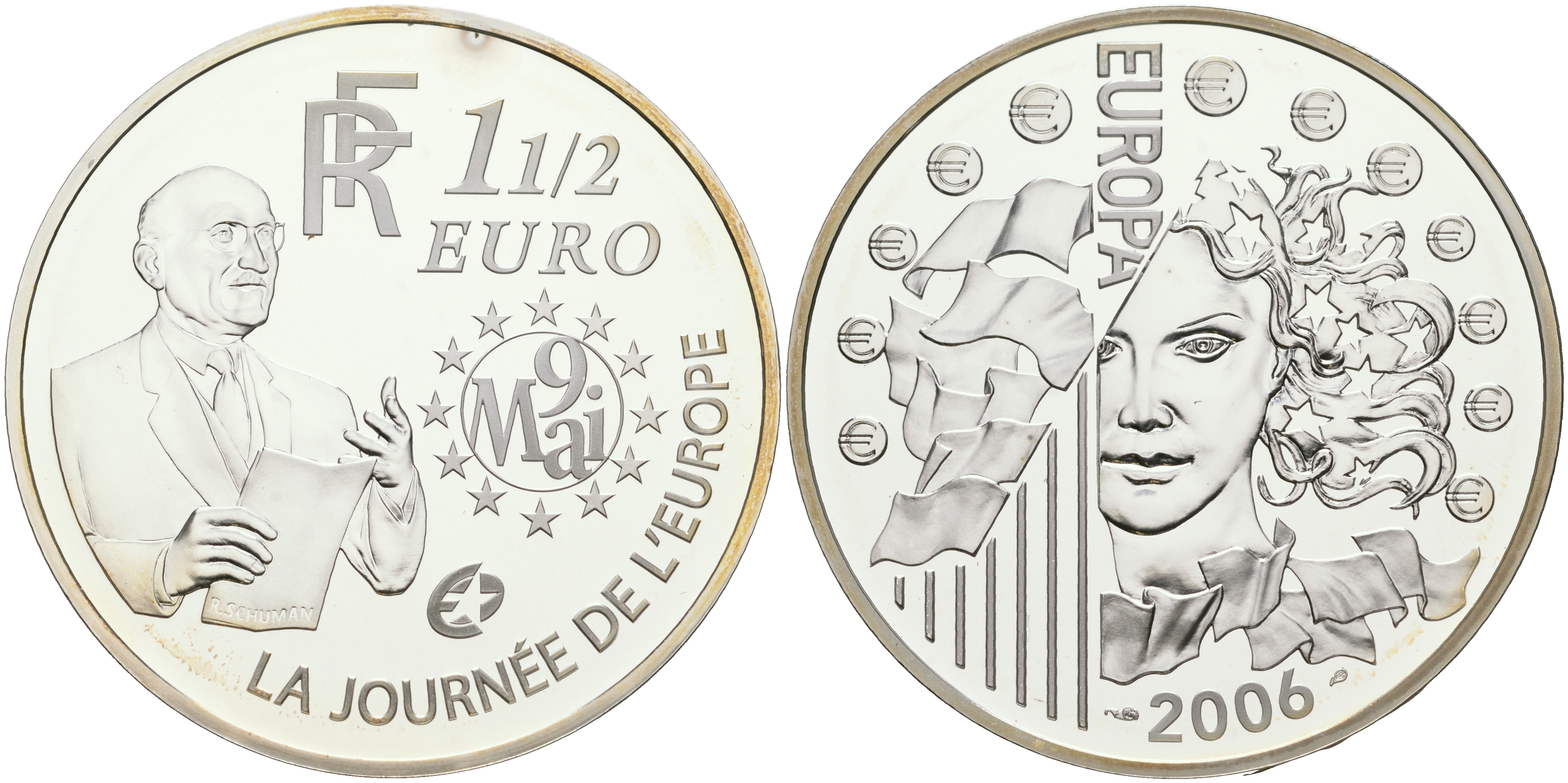 Франция 1 1/2 евро 2006 Декларация Шумана, день Европы 9 мая 1950 года, в оригинальной коробке, с сертификатом серебро PROOF 7-5-4-06