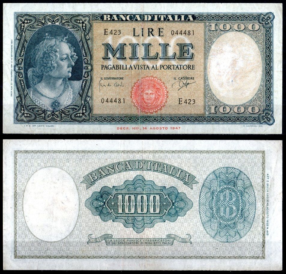 Италия 1000 лир 1961 Одна из "Трех граций" на картине Боттичелли "Примавера" Pick 88 d бумага 451-1090-3