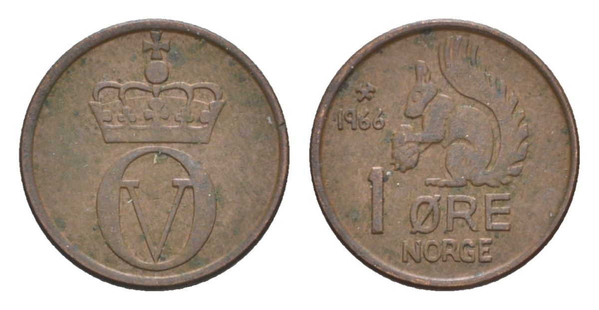 Норвегия 1 эре 1966 Улаф V (1957-1991) KM 403 бронза 4632-1117