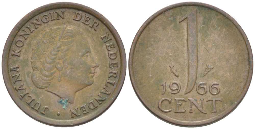НИДЕРЛАНДЫ 1 ЦЕНТ 1966 ЮЛИАНА (1948-1980) KM 180 бронза 214-1033