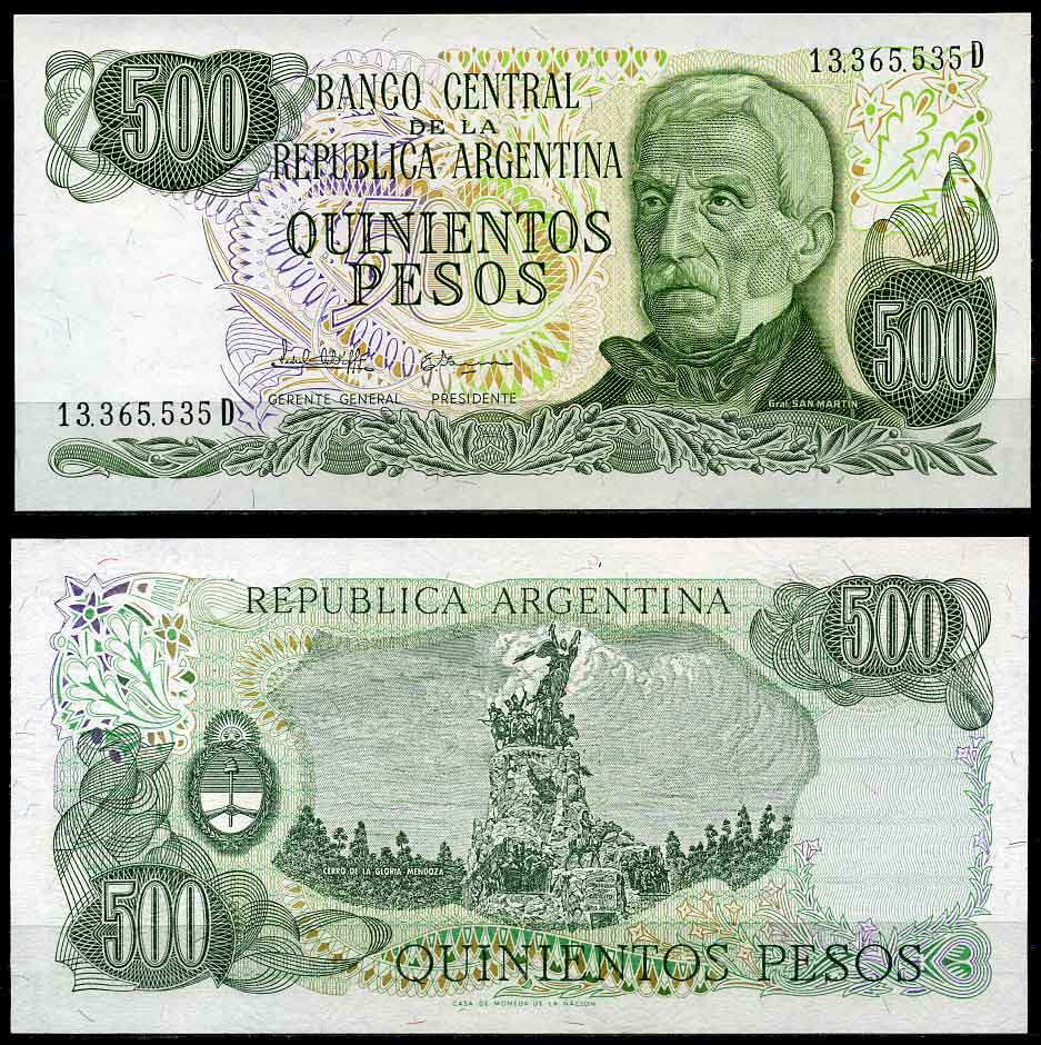 Аргентина 500 песо 1982 серия D 13365, Генерал Сан Мартин (1778-1850) Pick 303c  бумага  UNC (пресс) 7202-27-1