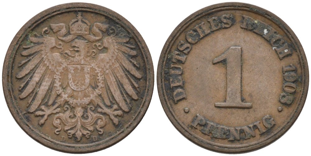 Германия 1 пфенниг 1908 D KM 10, J. 10 медь 4567-1268