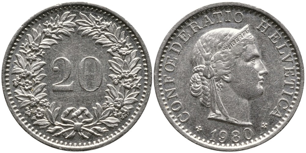 Швейцария 20 раппенов 1980 KM 29а медно-никель 4539-627