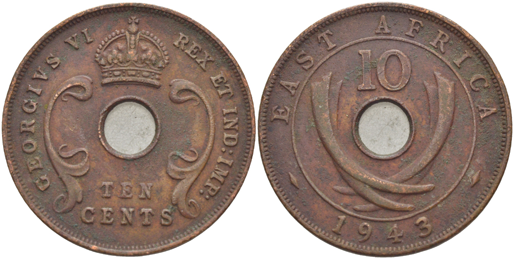 Британская Восточная Африка 10 центов 1943 Георг VI (1936-1952) KM 26.2 бронза 3333-1211