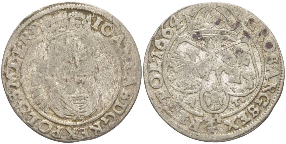 Польша 6 грошей (шостак) 1664 A-T, Ян II Казимир (1648-1668), вес 3,2 гр, легенда (IOAN CAS DG REX POL & SMDLRP) KM 91, Kopinski 136.6b серебро 1517-812