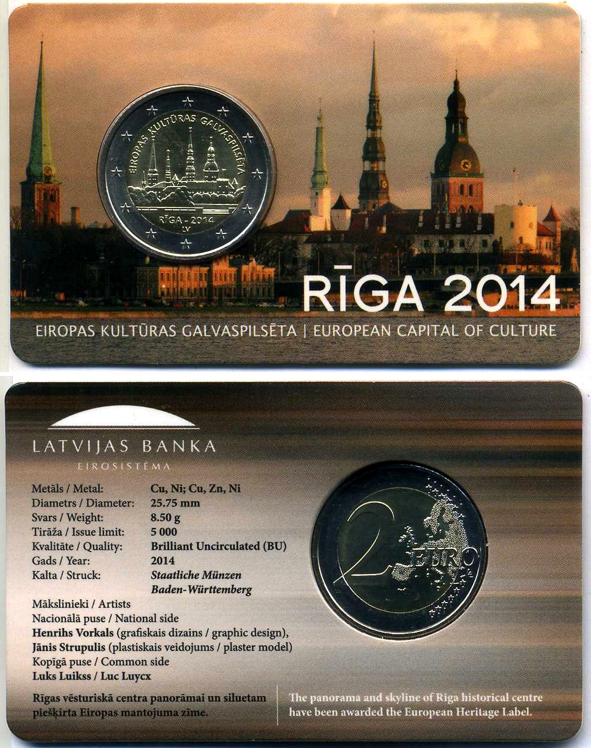 Латвия 2 евро 2014 Рига - европейская культурная столица, запайка, буклет KM 158 биметалл BUNC 00-000-00