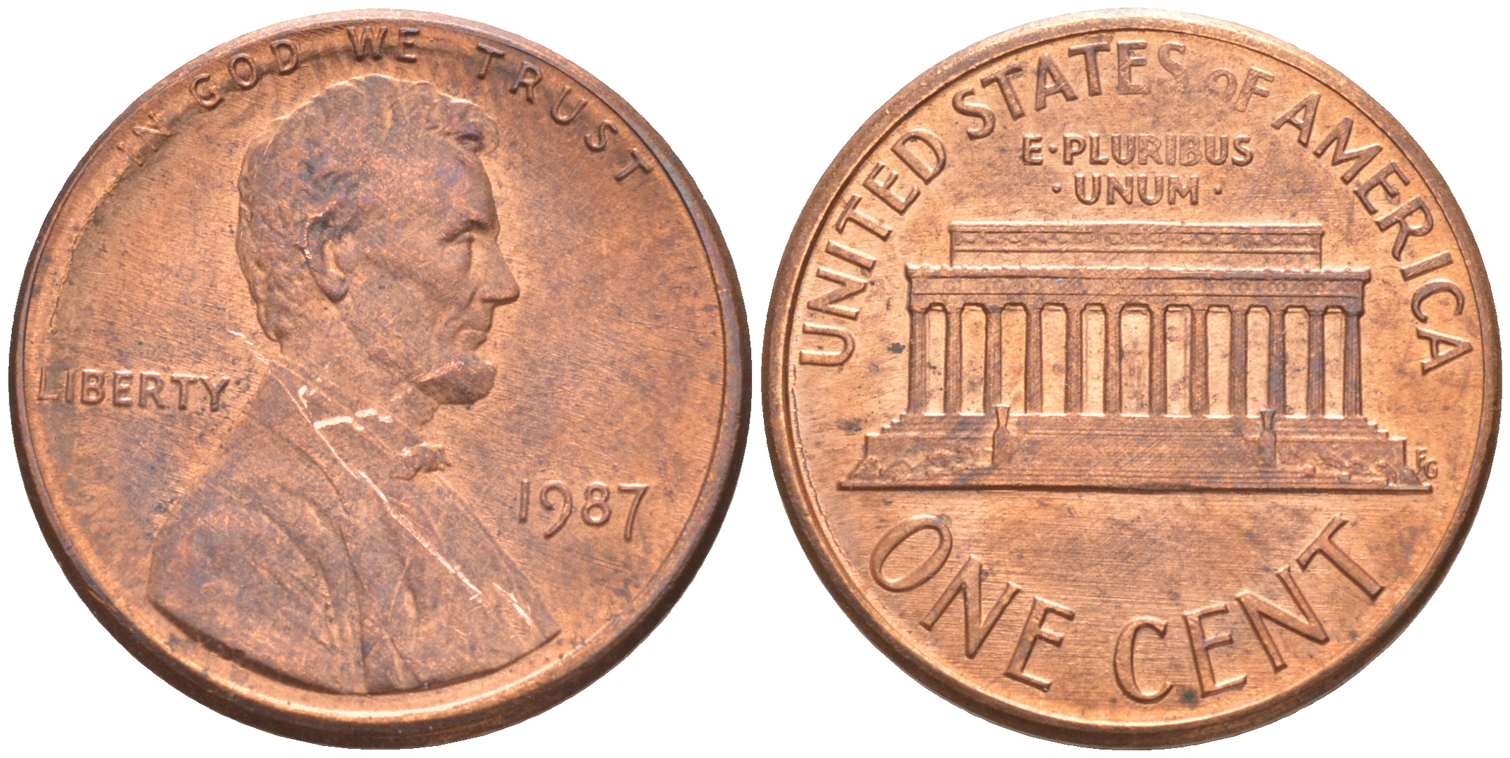 США 1 цент 1987 Линкольн KM 201b цинк плакированный медью UNC 187-717
