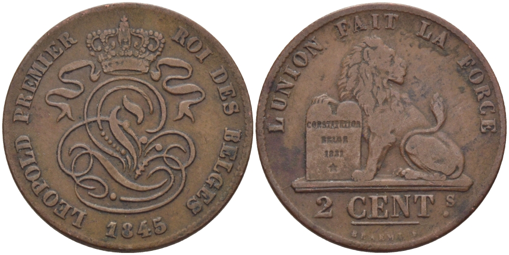 БЕЛЬГИЯ 2 САНТИМА 1845 BELGES KM 4.2 медь 28-227