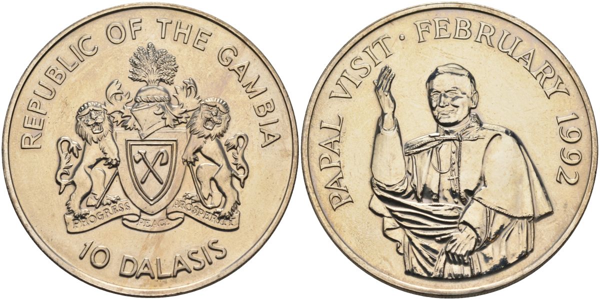 Гамбия 10 даласи 1992 визит папы Иоанна Павла VI KM 30 медно-никель BUNC 04-137-43