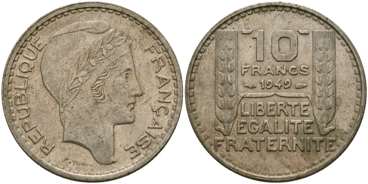 Франция 10 франков 1949 тип Пьер Турин KM 909.1, Le Franc 362.3 медно-никель 4120-1232
