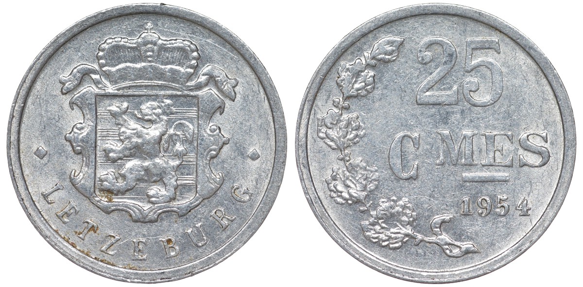 Люксембург 25 сантимов 1954 KM 45a.1 алюминий 4164-352