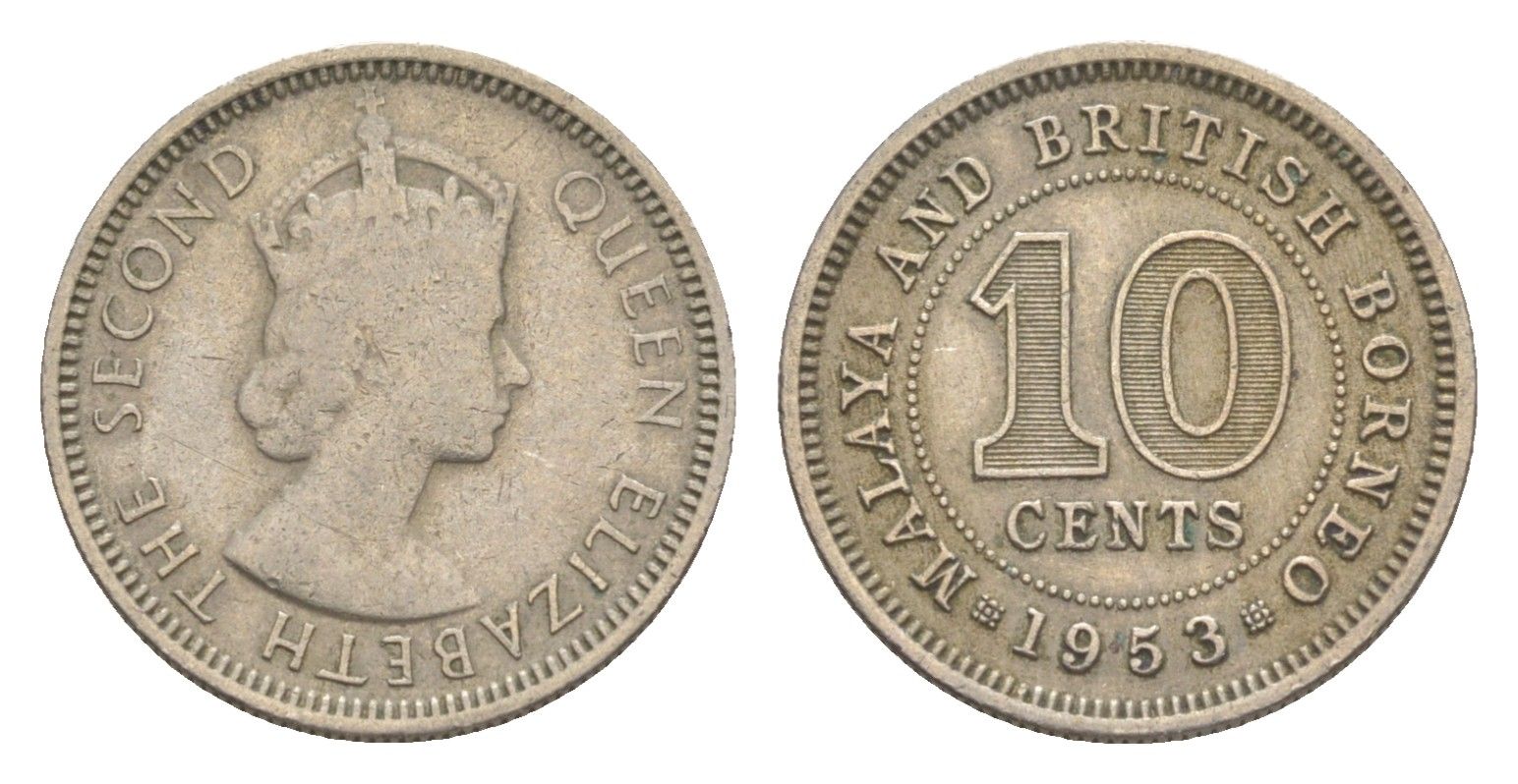 Малайя и Британское Борнео 10 центов 1953 KM 2 медно-никель 4614-1121