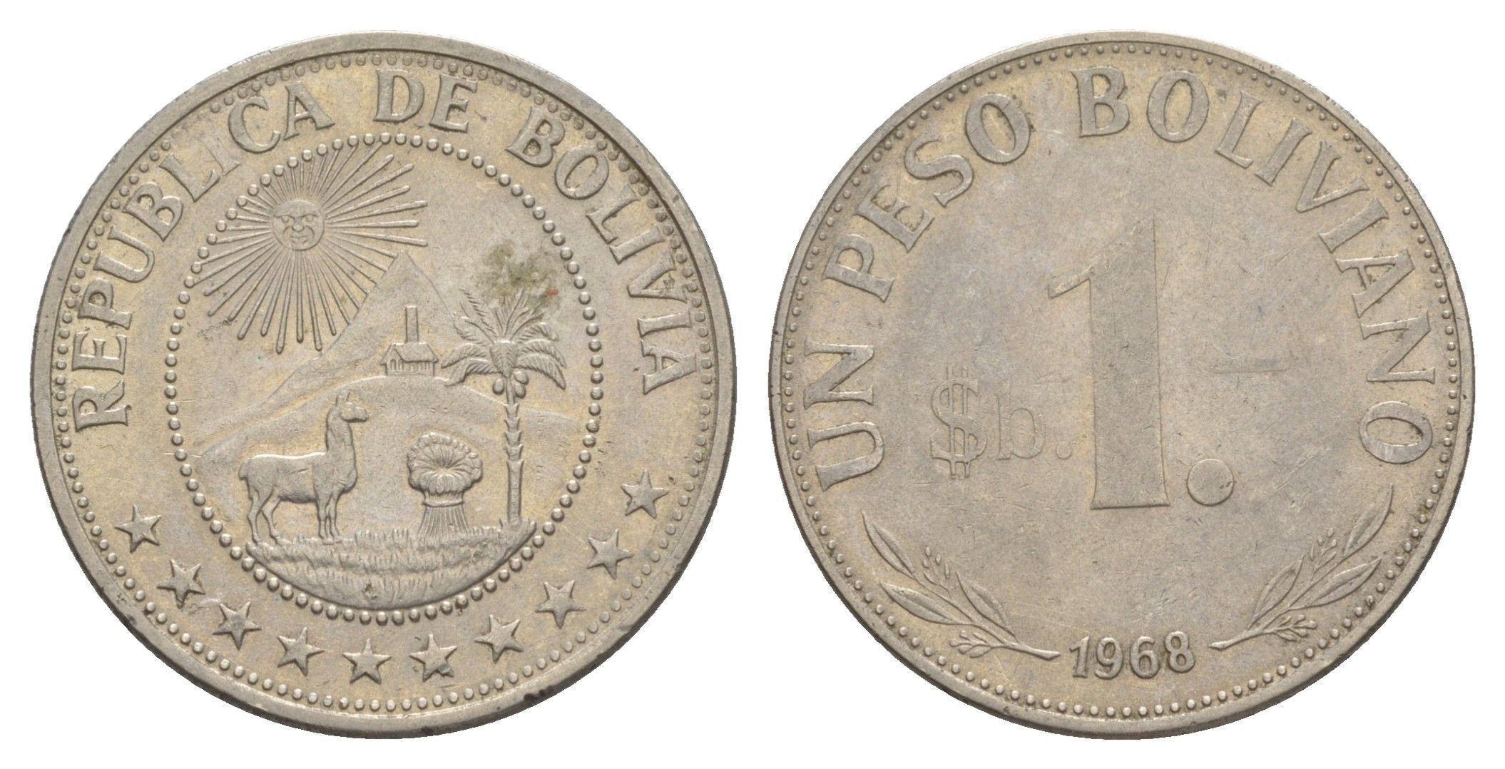 Боливия 1 песо 1968 KM 192 сталь плакированная никелем 4641-944