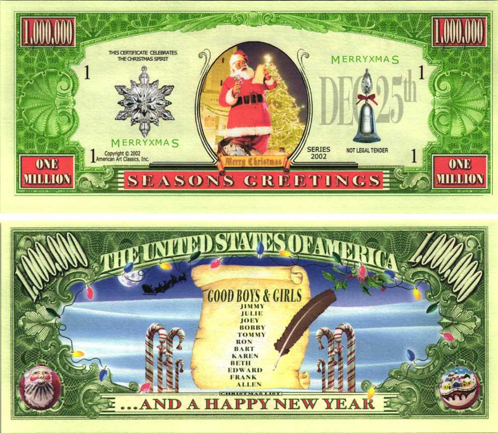 США 1000000 ДОЛЛАРОВ 2002 СУВЕНИРНАЯ БАНКНОТА, РОЖДЕСТВО, 25 ДЕКАБРЯ, САНТА КЛАУС, СПИСОК ХОРОШИХ МАЛЬЧИКОВ И ДЕВОЧЕК, СЧАСТЛИВОГО НОВОГО ГОДА бумага UNC (ПРЕСС) 7198-44-2-2