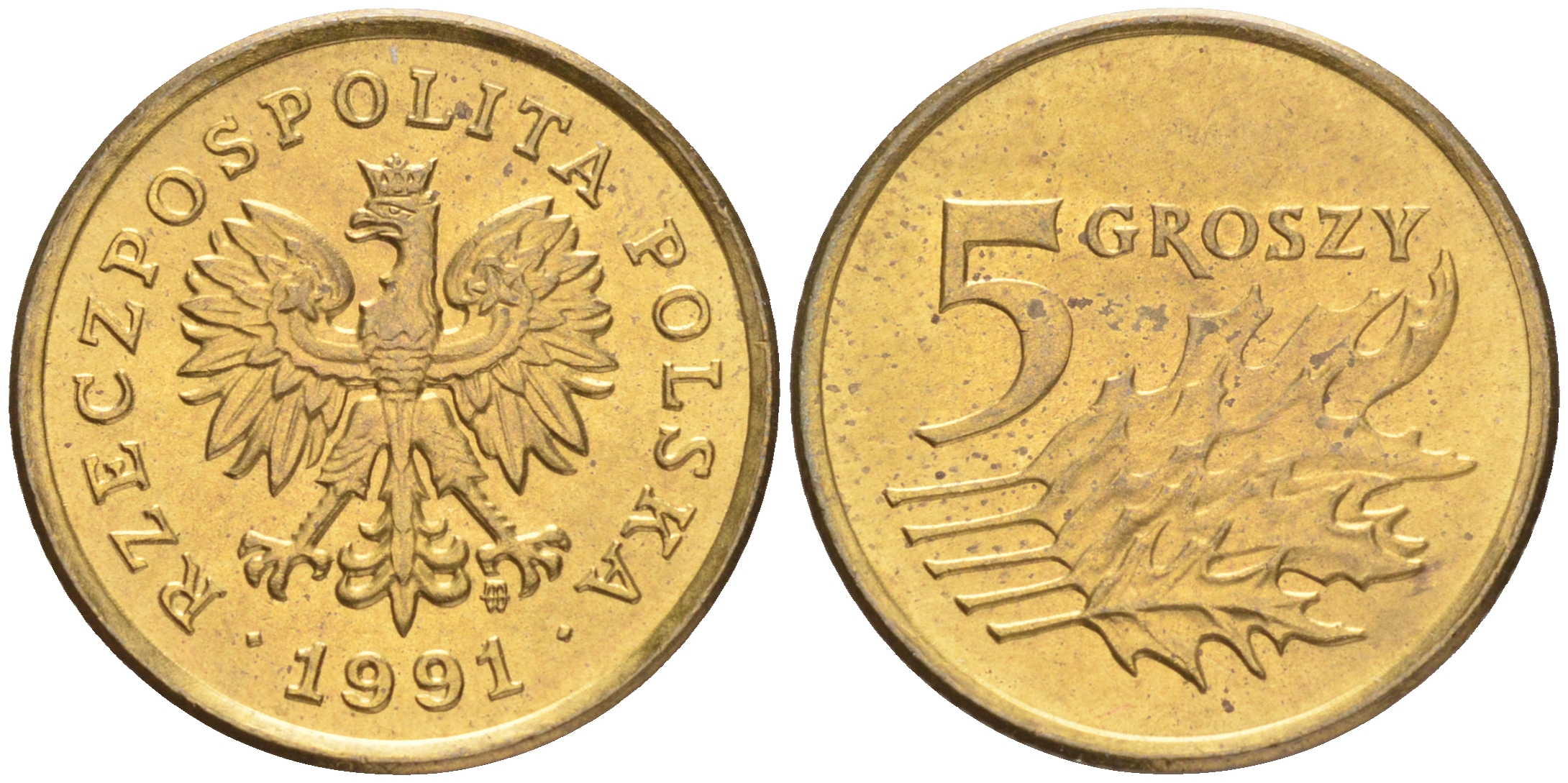 ПОЛЬША 5 ГРОШЕЙ 1991 MW KM 278 латунь UNC 4516-1222