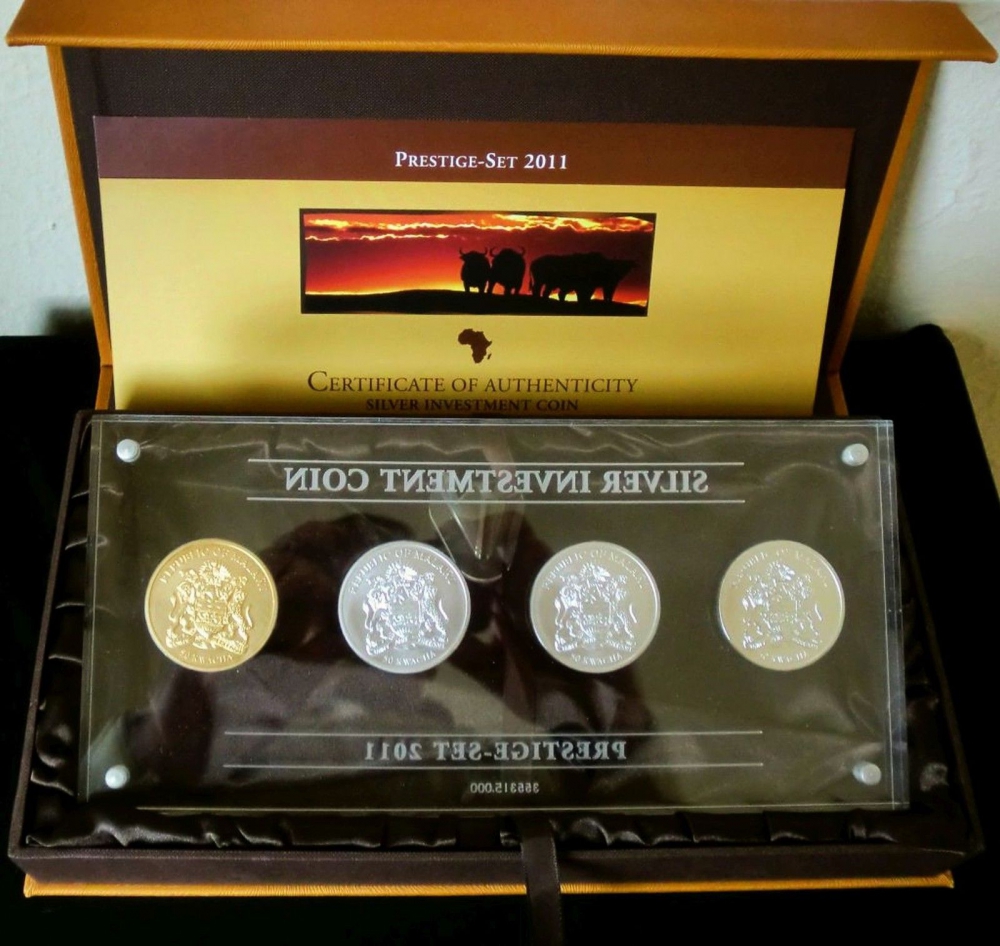 Малави набор из 4 монет по 50 квачей 2011 серия silver investment coin, prestige set, антилопа, SPRINGBOCK, позолота, цветная эмаль, голограмма, золочение, № 2854, в оригинальной коробке, с сертификатом  серебро  UNC  4-3-1-17