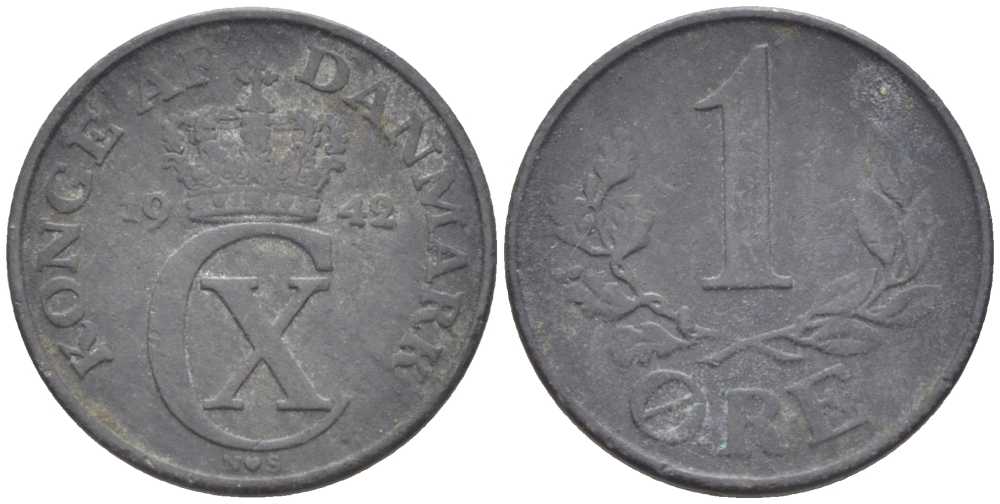 ДАНИЯ 1 ЭРЕ 1942 N; S, КРИСТИАН X (1912-1947) KM 832 цинк 4387-112