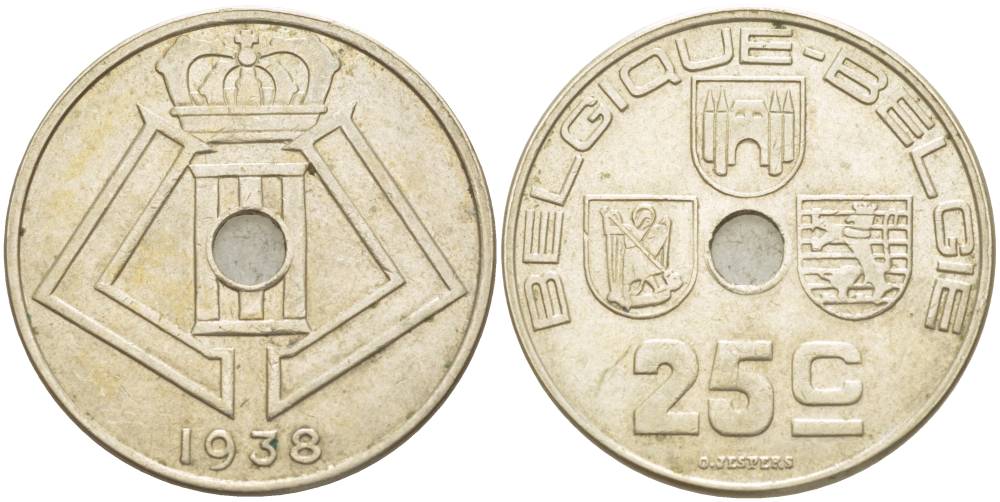 БЕЛЬГИЯ 25 САНТИМОВ 1938 BELGIQUE-BELGIE, МОНЕТНАЯ РОТАЦИЯ KM 114.1 никель латунь 4546-155
