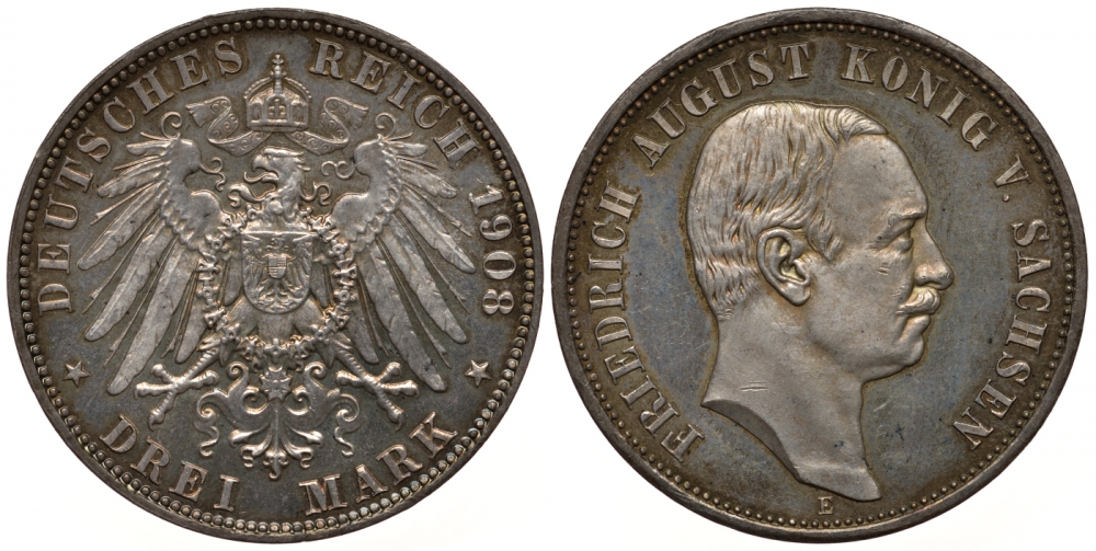 Саксония 3 марки 1908 Е, Фридрих Август III (1904-1918) Weege 132, J. 135, KM 1267 серебро PROOF 00-812-56