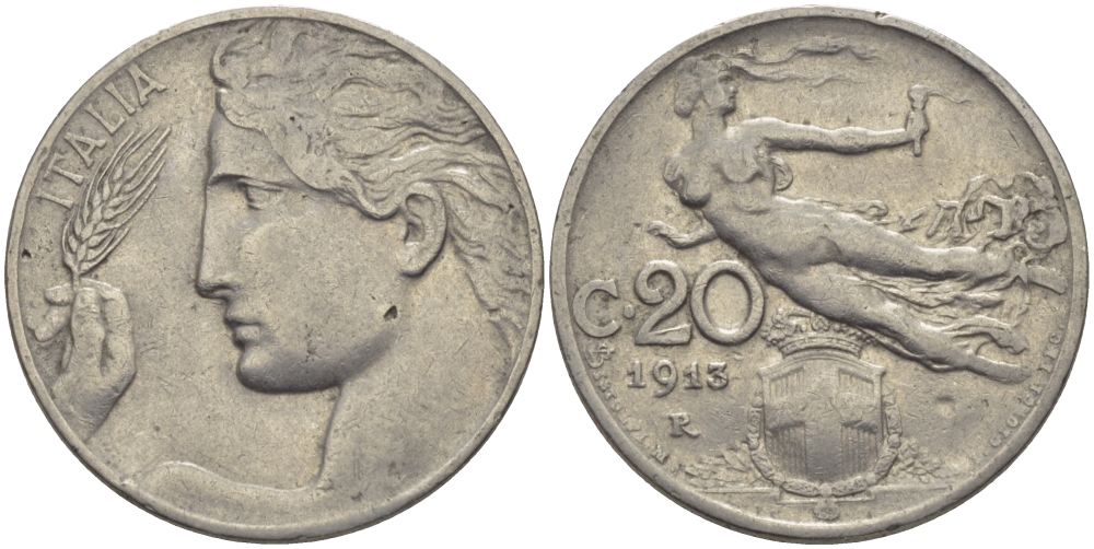 Италия 20 чентезимо 1913 R, Виктор Эммануил III (1900-1946) KM 44 никель 28-117