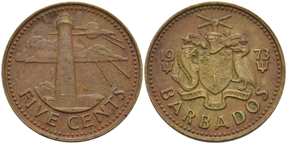 Барбадос 5 центов 1973 маяк Саут-Пойнт KM 11 латунь 4525-1244