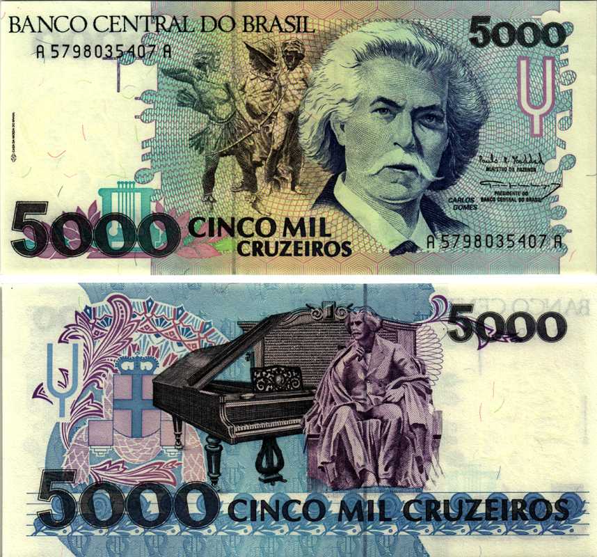 Бразилия 5000 крузейро ND (1990-1993) серия А 57980, Карлось Гомес, музыкант, рояль Pick 232с бумага UNC (пресс) 8606-45-2-2