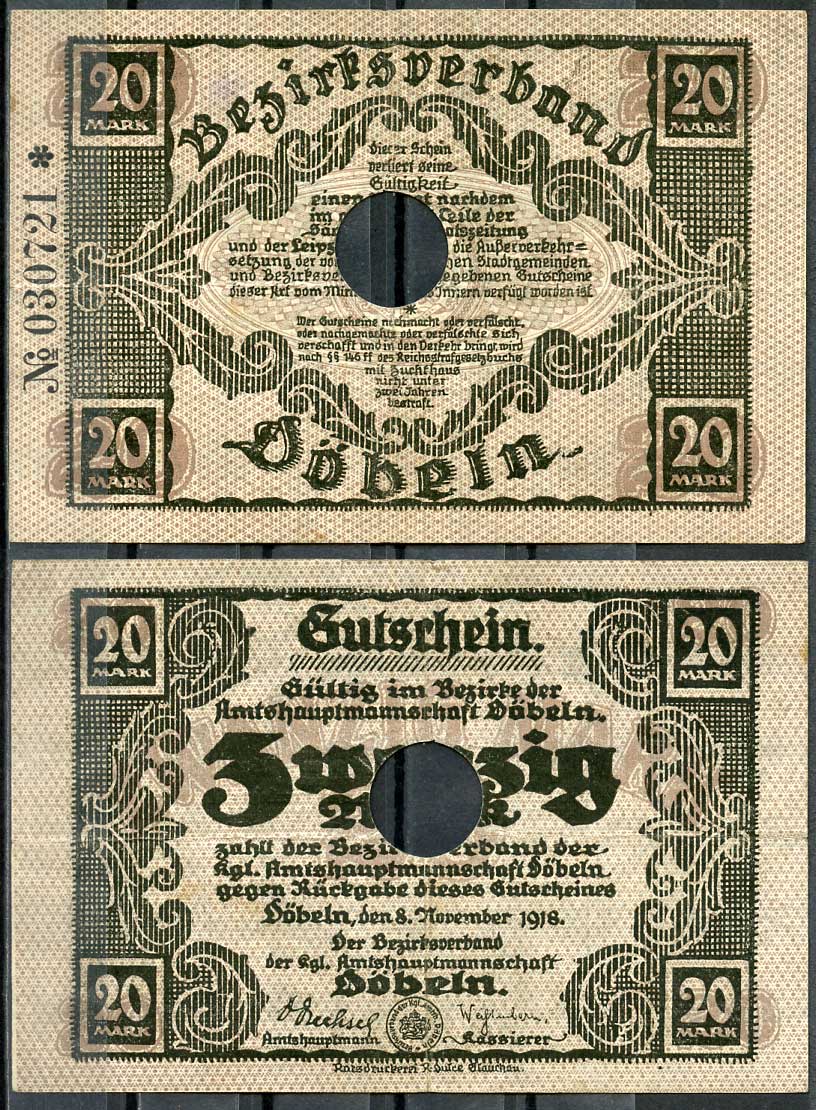 Германия, Дёбельн 20 марок 1918 нотгельд, 8.11.1918, цифры черные, крупные Geiger 105.02  бумага   444-127-2-2