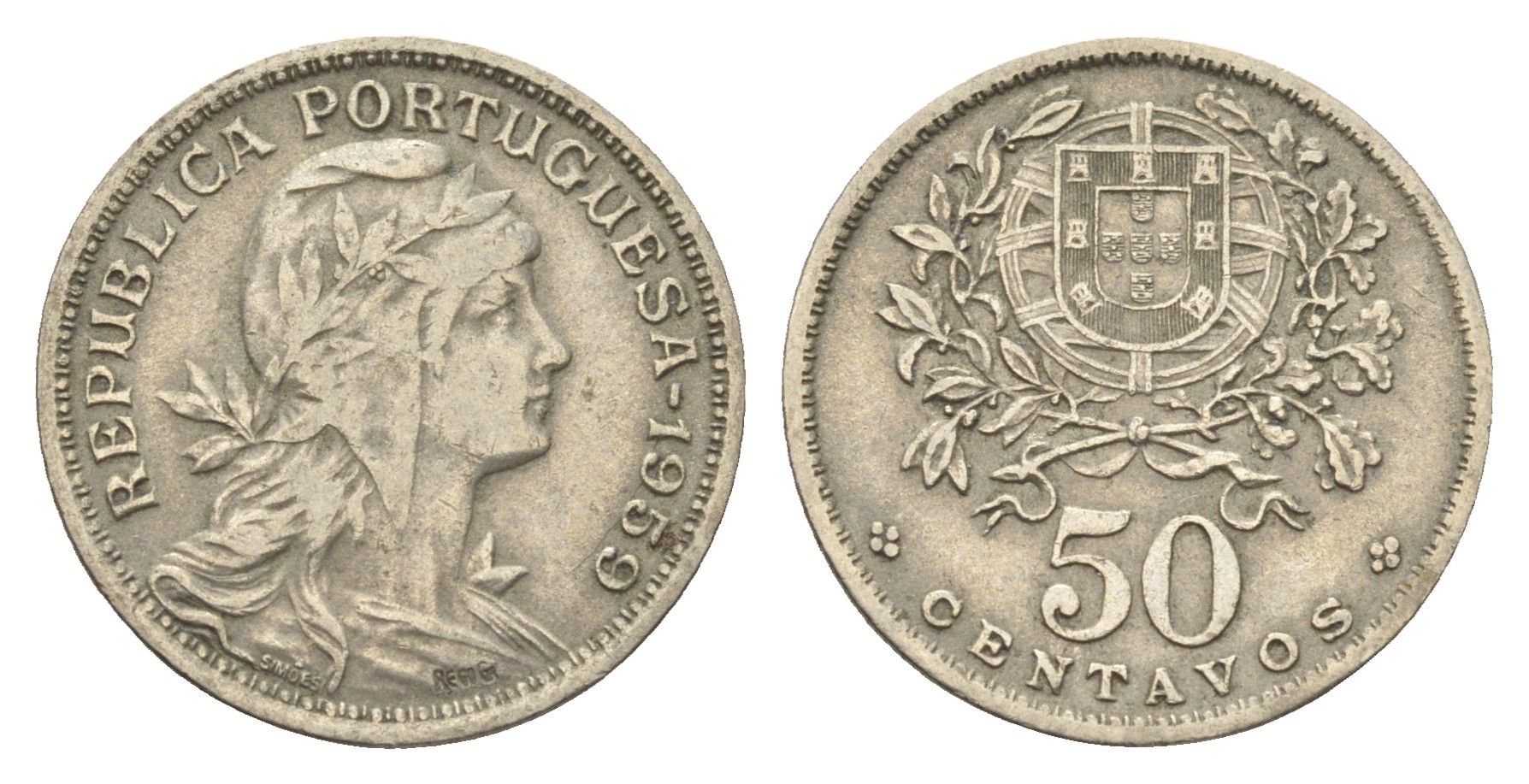 Португалия 50 сентаво 1959 голова Свободы вправо KM 577 никель латунь 4659-641