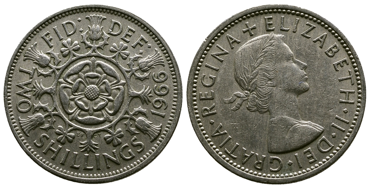 Великобритания 2 шиллинга (флорин) 1966 Елизавета II (1952-2022) KM 906, Spink 4146 медно-никель 4382-631
