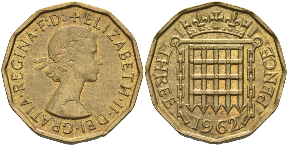 Великобритания 3 пенса 1962 Елизавета II (1952-2022) KM 900, Spink 4153 никель латунь 4126-722