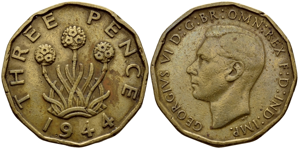 Великобритания 3 пенса 1944 Георг VI (1936-1952) KM 849, Spink 4112 никель латунь 4398-1155