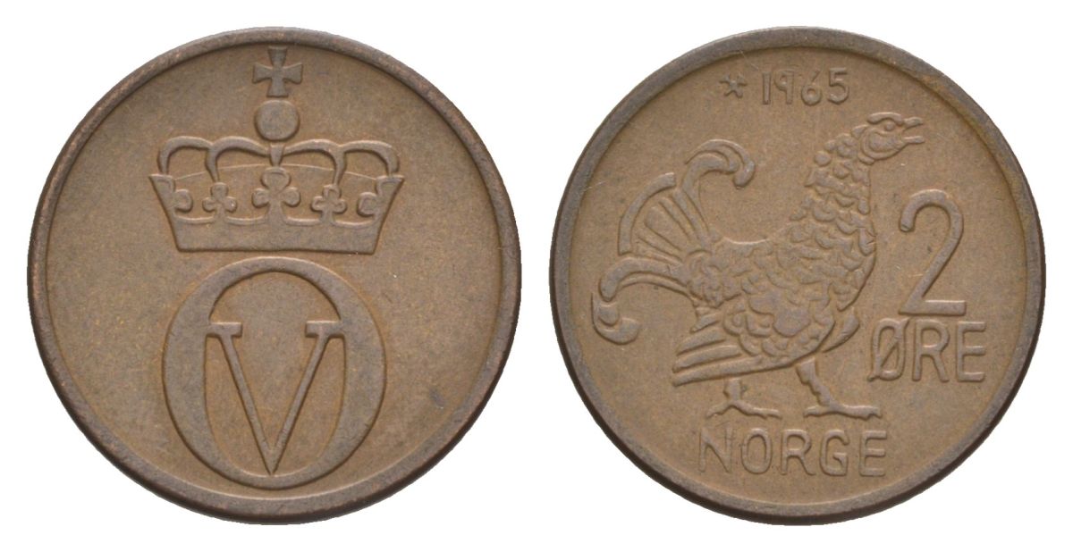 Норвегия 2 эре 1965 Улаф V (1957-1991) KM 410 бронза 4635-343