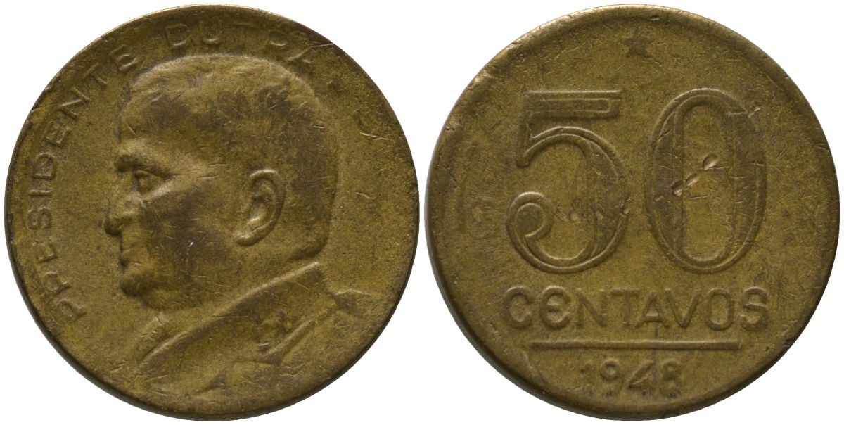 Бразилия 50 сентаво 1948 Эурику Дутра KM 563, Schon 68 алюминиевая бронза 4575-1122