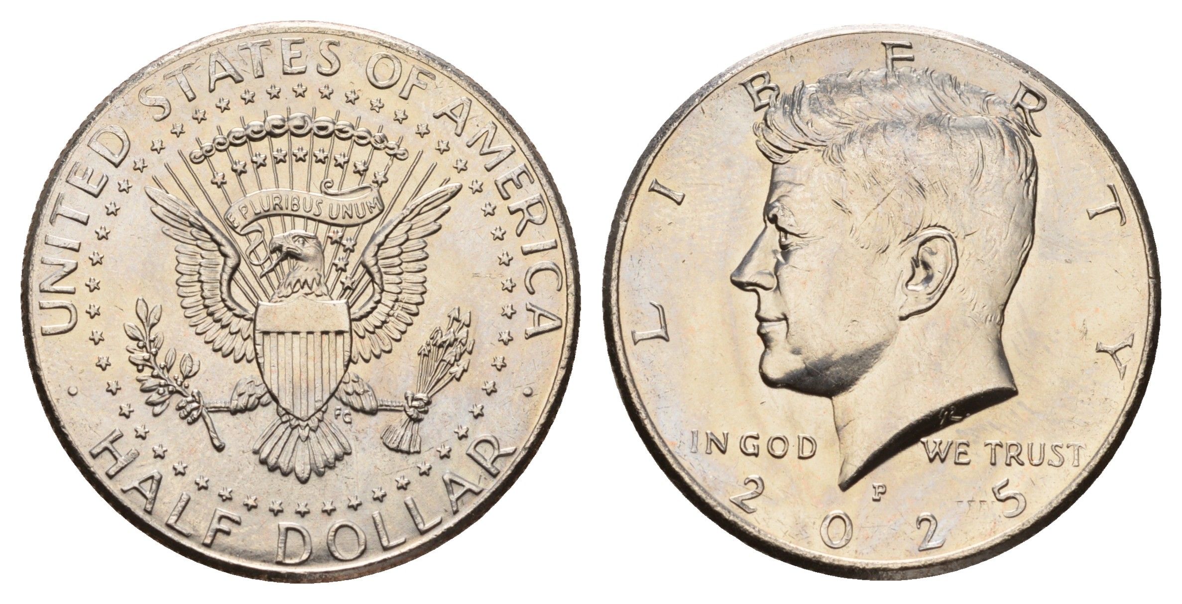 США 1/2 доллара (50 центов) 2025 P, Джон Кеннеди KM A202b медь плакированная медно-никелем UNC 4545-1246