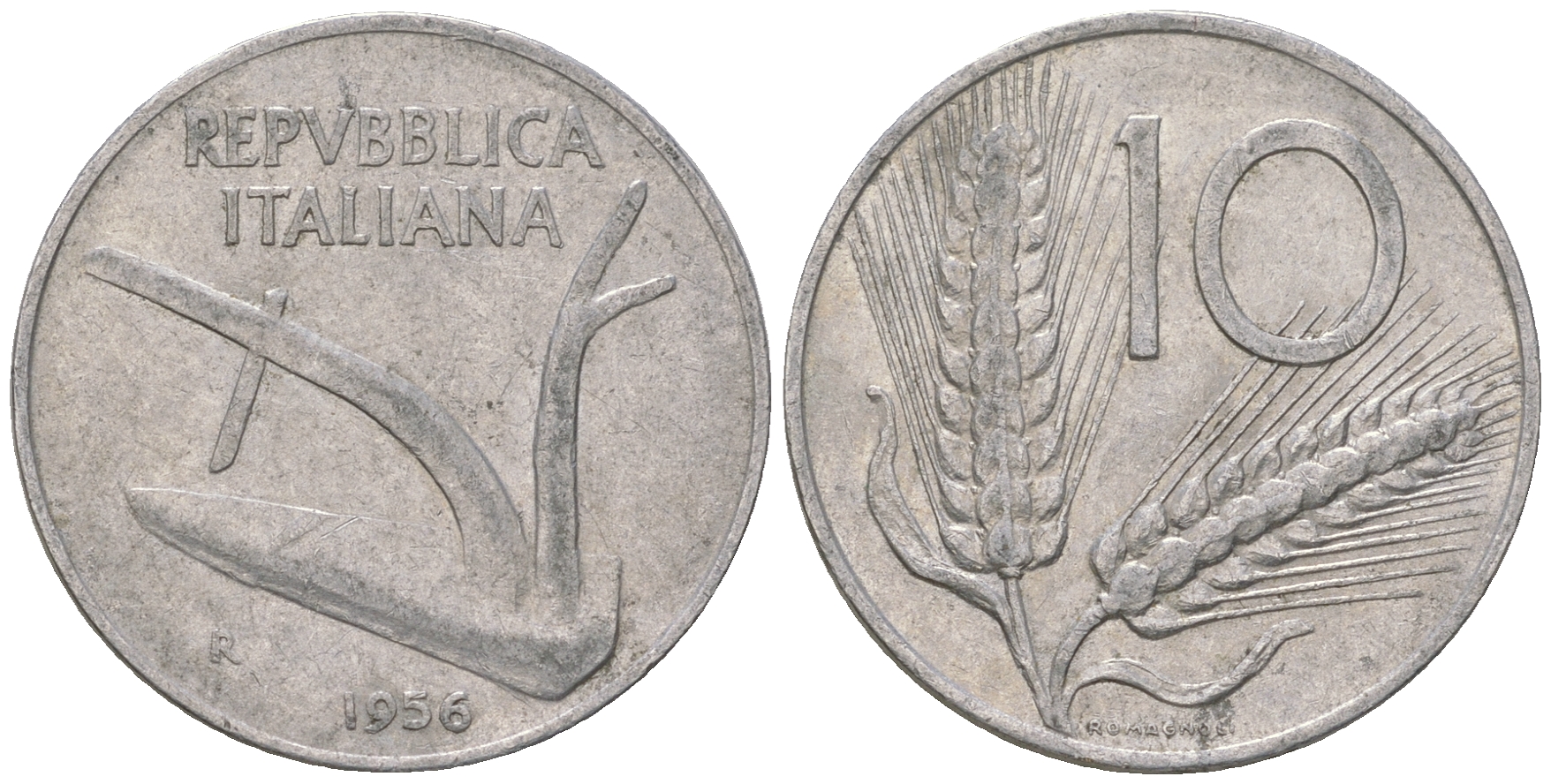 Италия 10 лир 1956 R, плуг KM 93 алюминий    4641-657