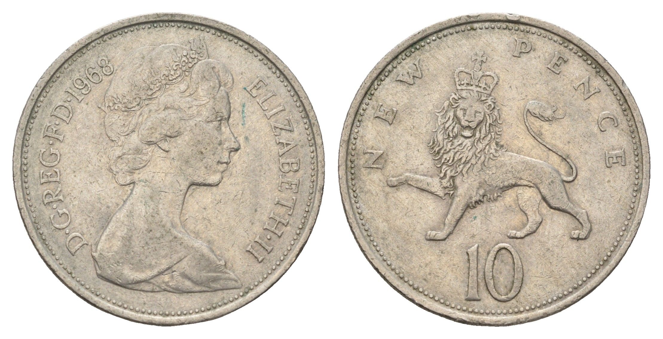 Великобритания 10 пенсов 1968 Елизавета II (1952-2022) KM 912, Spink 4231 (F1) медно-никель 4671-1211