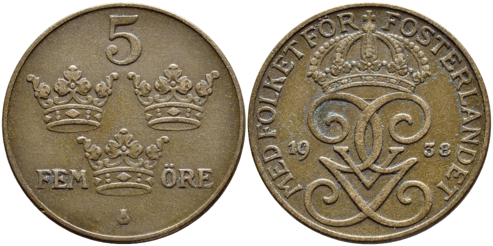 Швеция 5 эре 1938 Густав V (1907-1950) KM 779.2 бронза 4394-935